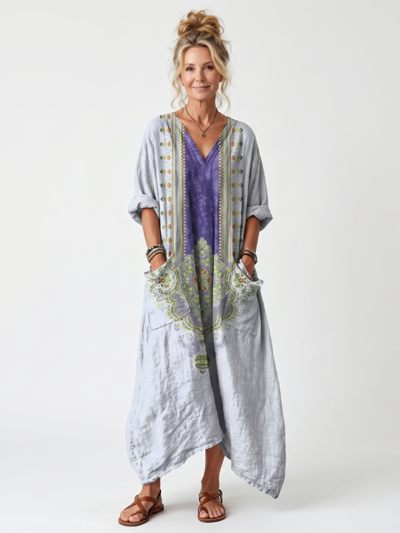 Raina | Panel Embroidered Oversized Pocket Midi Dress