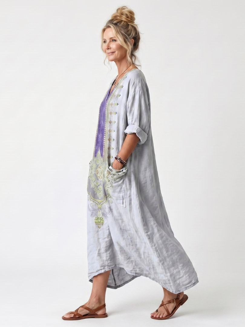 Raina | Panel Embroidered Oversized Pocket Midi Dress