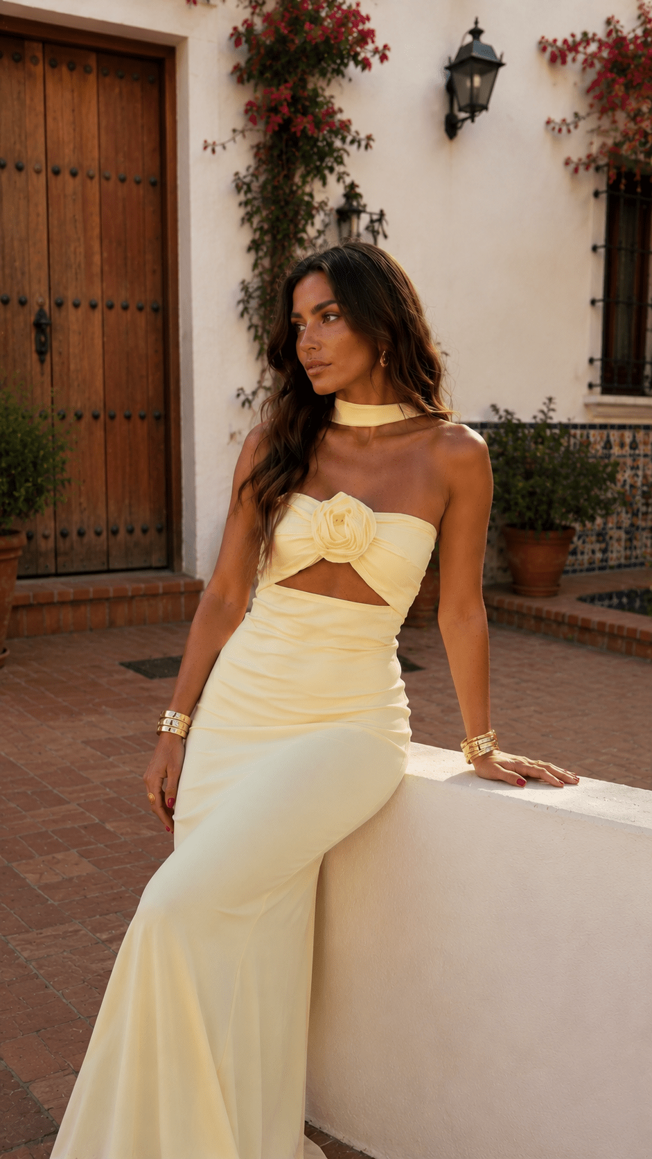 Silvia | Maxi Halter Dress with Rose Corsage