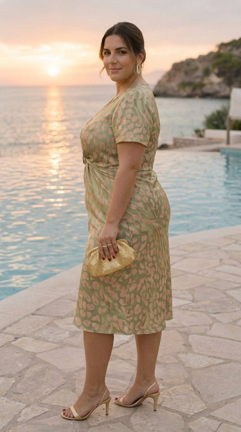 Beatriz | Midi Dress with Slimming Effect, Central Button, and Flowing Drape
