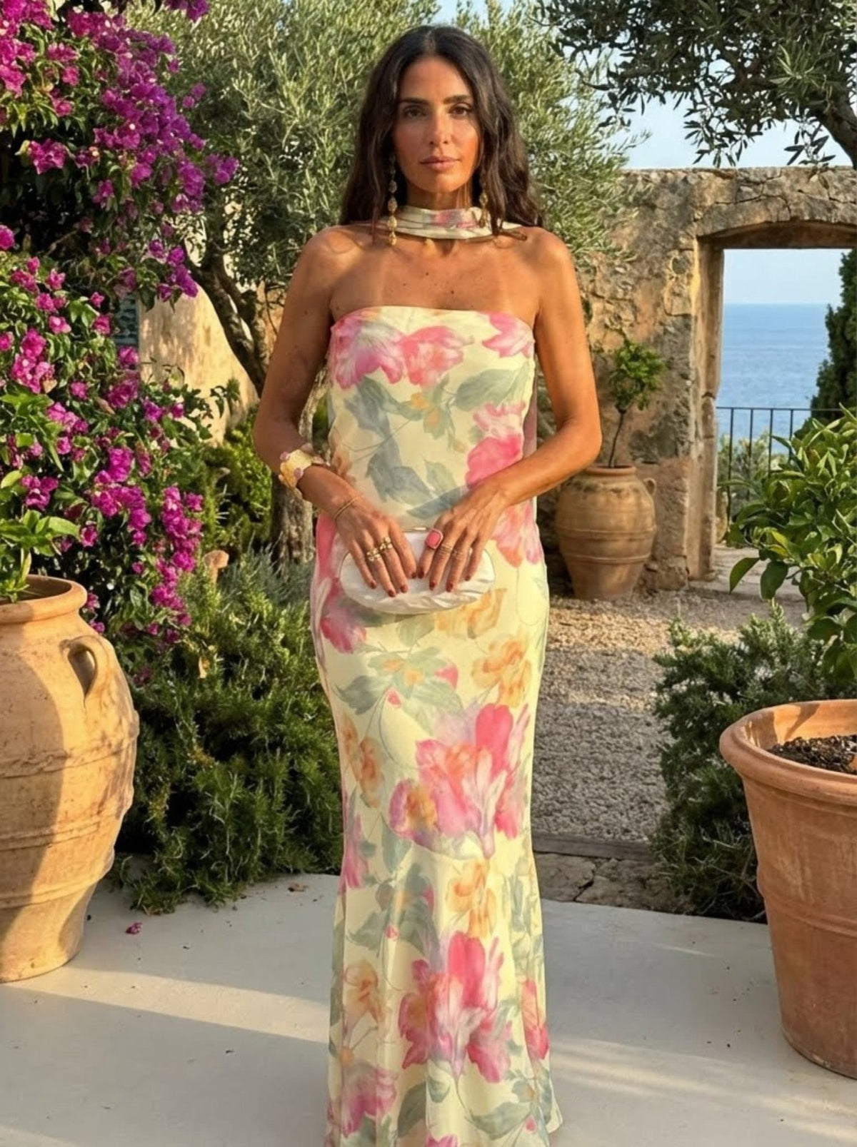 Ursula | Strapless Floral Watercolor Long Dress